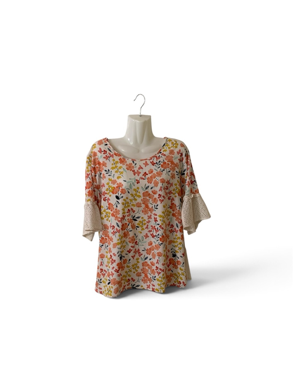 Van Heusen Cream Floral Scoop Neck Top with Coral & Yellow Accents
